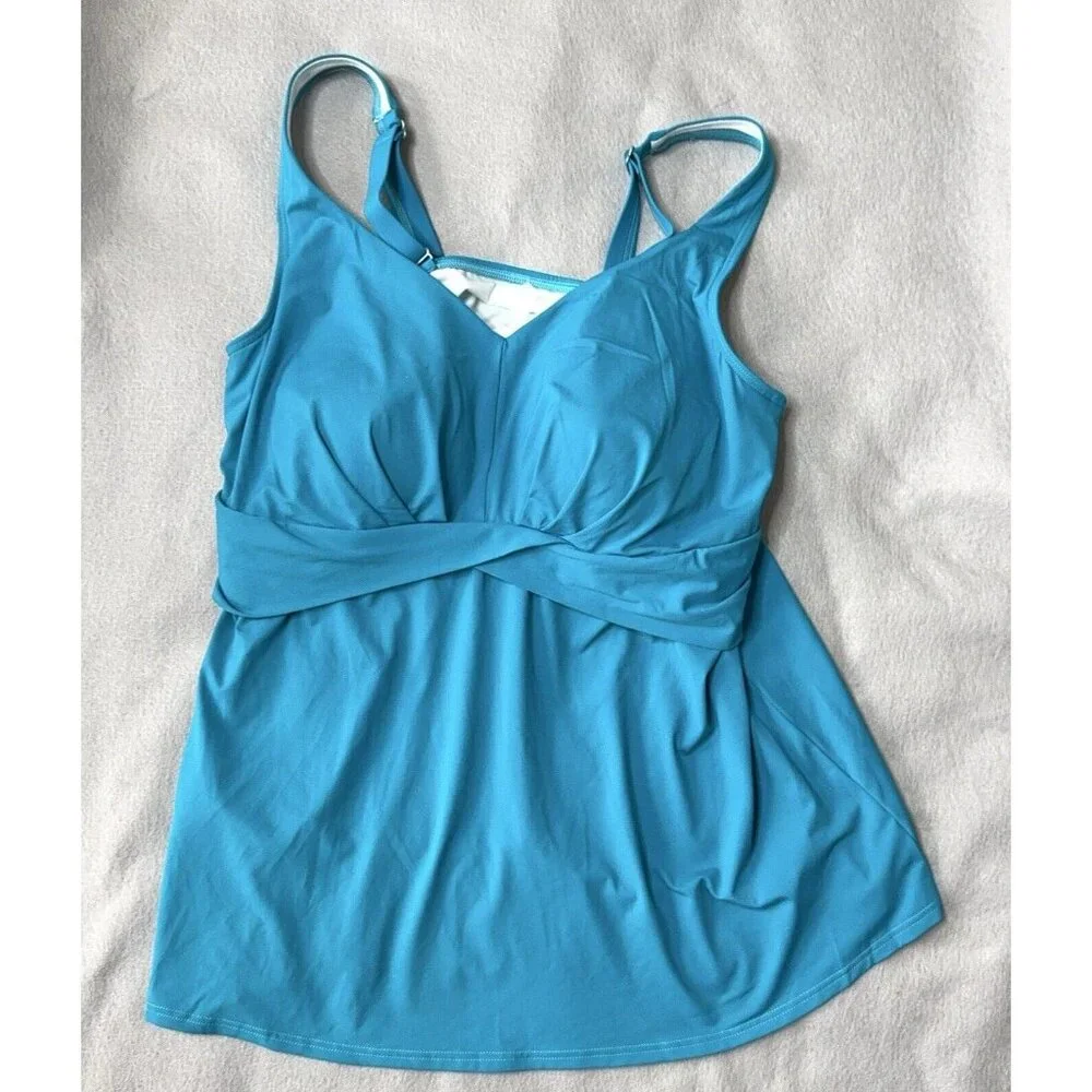 Tankini Swim Top Turquoise V Neck Wrap Soft Cup Bra Lands End Plus Size 18W - Picture 6 of 11